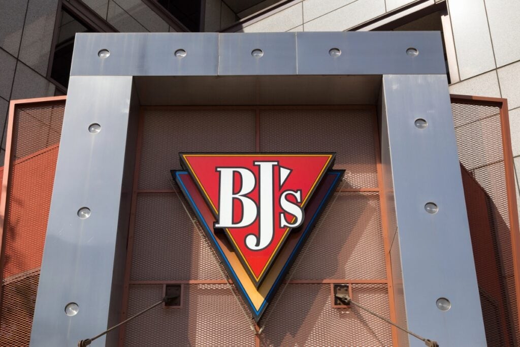 BJ’s Restaurant & Brewhouse logo on a building exterior sign.