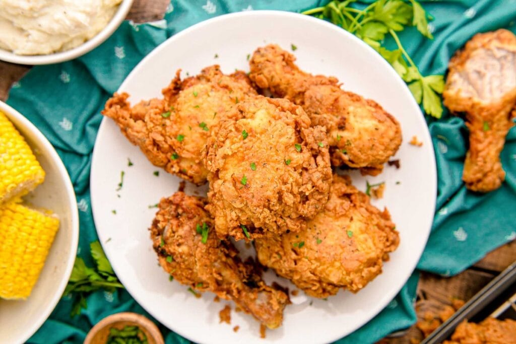 Buttermilk fried chicken on a plate.