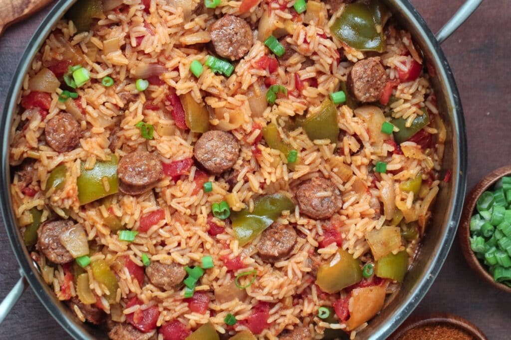 Cajun sausage rice in a skillet.