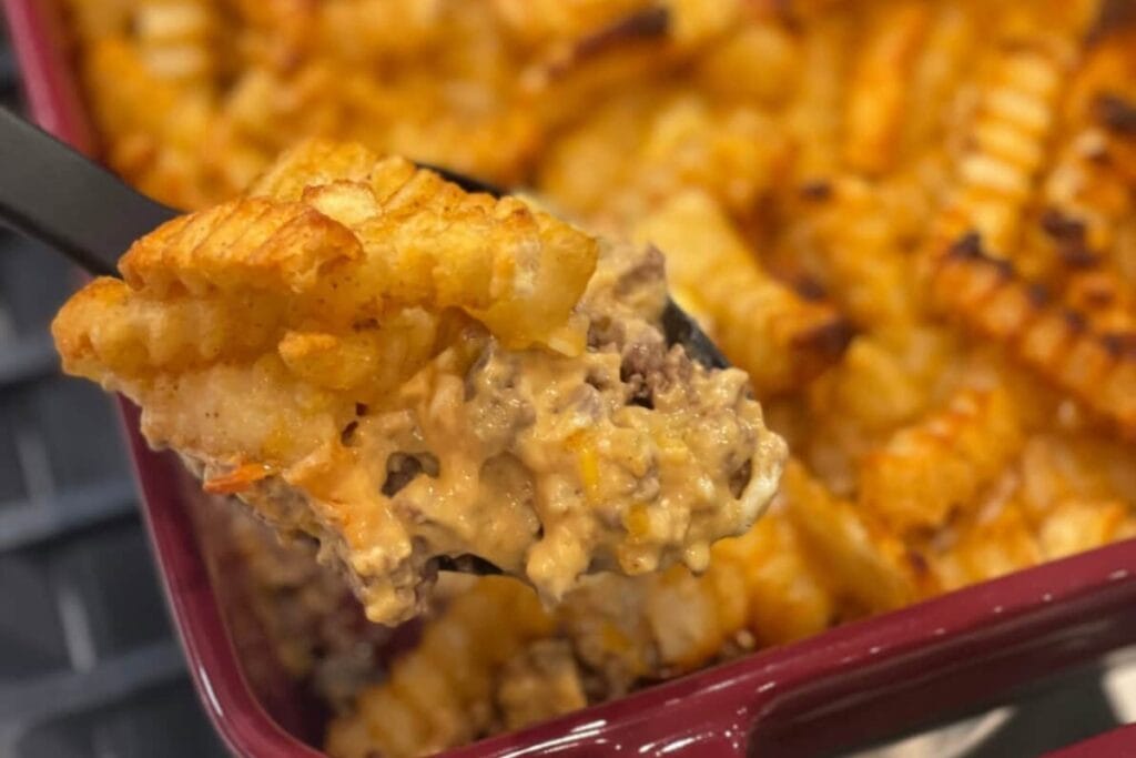 Cheeseburger French Fry Casserole in a baking dish.