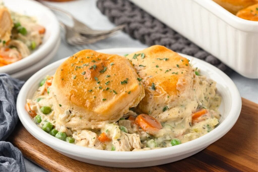 Chicken and biscuit casserole on a plate.