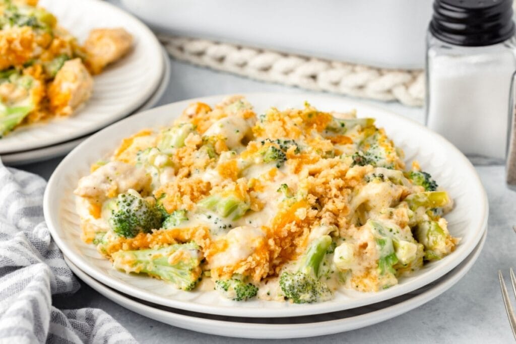 Chicken and broccoli casserole on a plate.