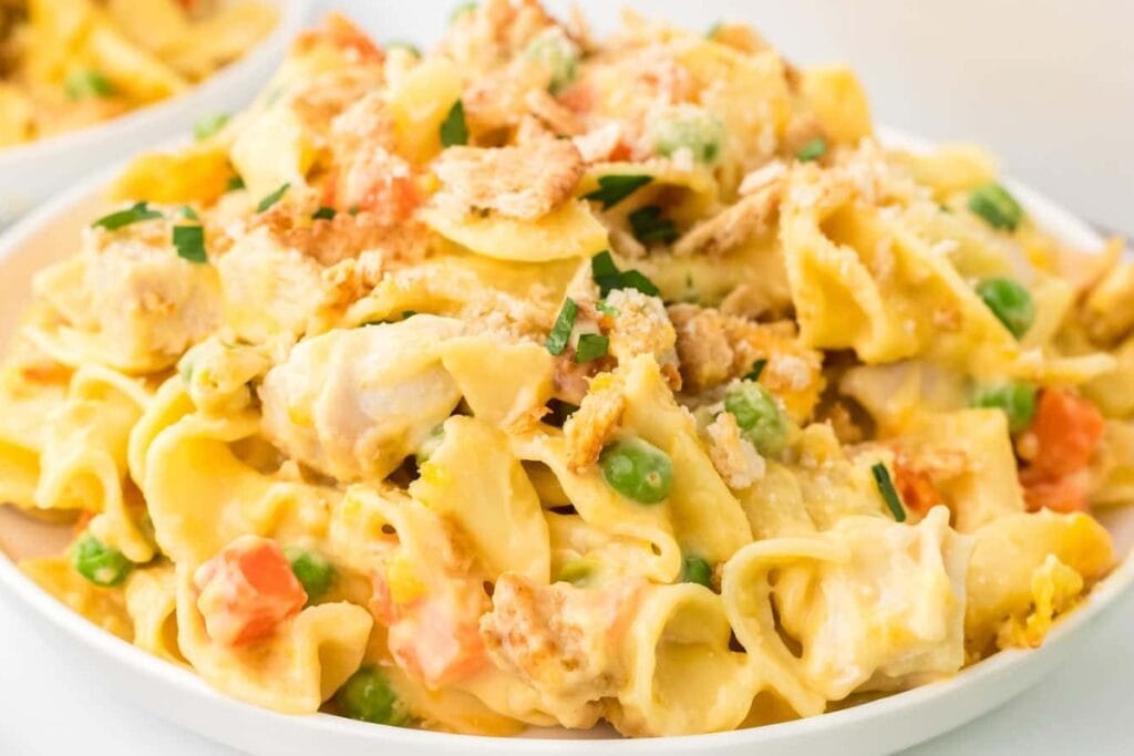 Chicken and Noodle Casserole served in a bowl.