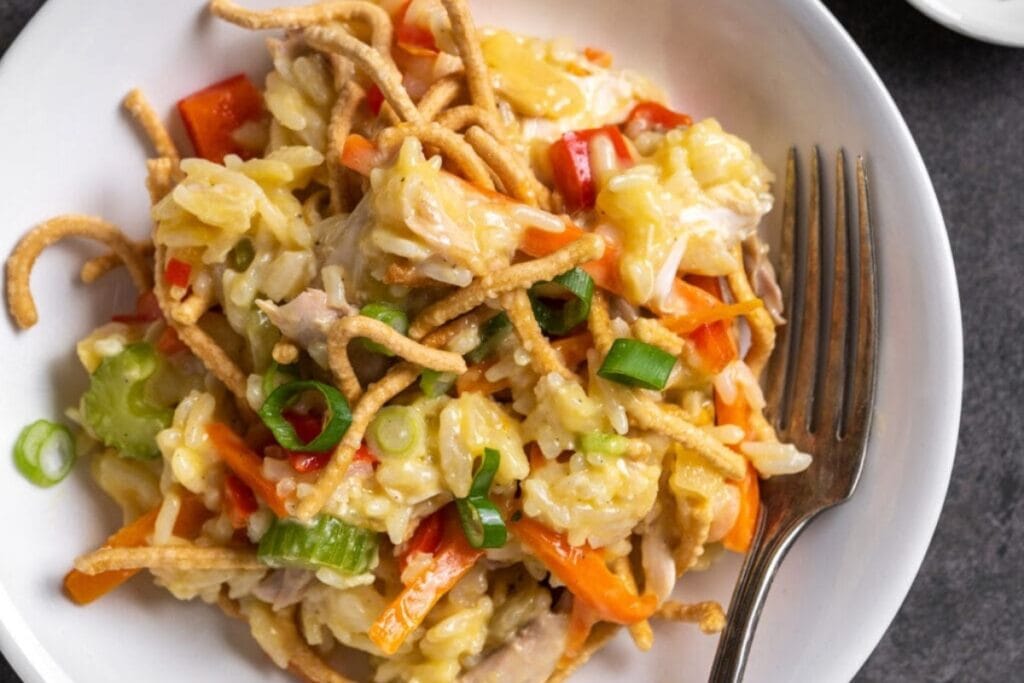 Chicken Chow Mein Casserole served on a plate with a fork on the side.