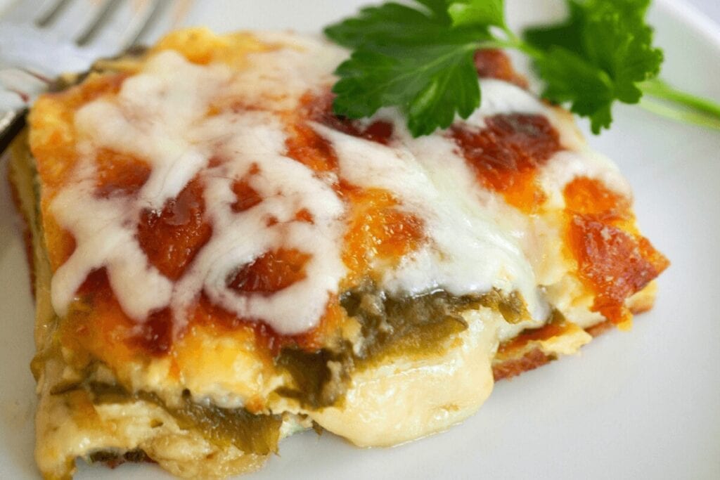 Chile relleno casserole on a plate.