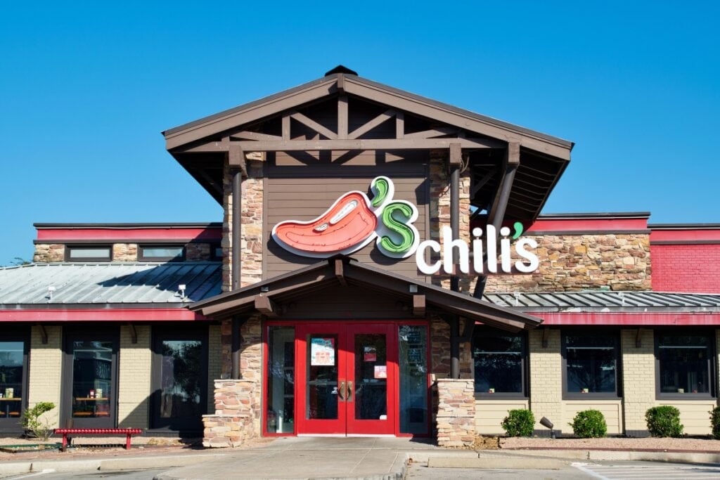Chili’s exterior with red-green logo and brick facade.