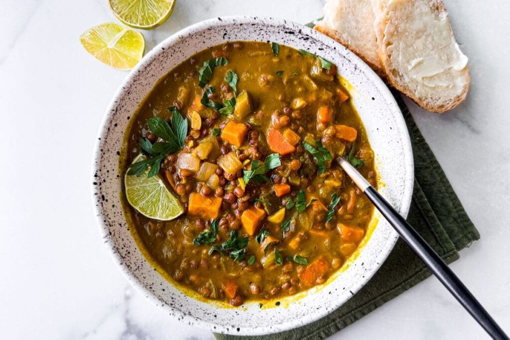 Coconut curry instant pot lentil soup in a bowl.