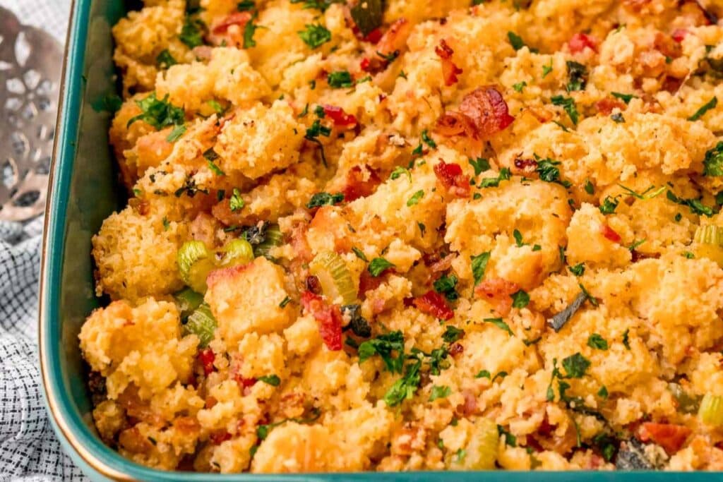 Cornbread dressing in a baking dish.
