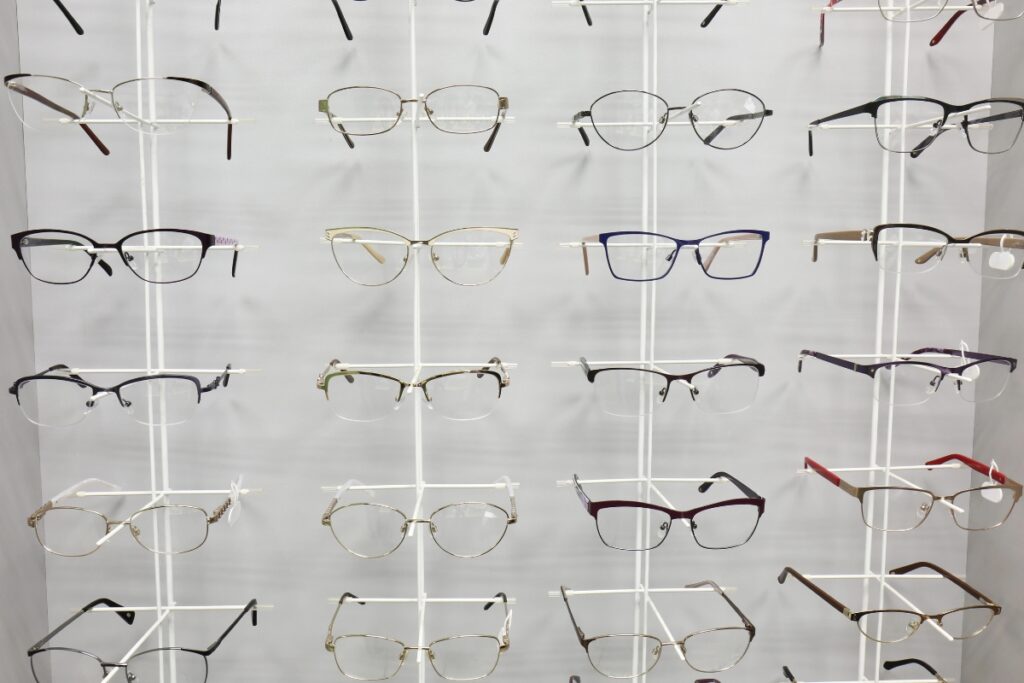 Eyeglasses displayed in Costco store.