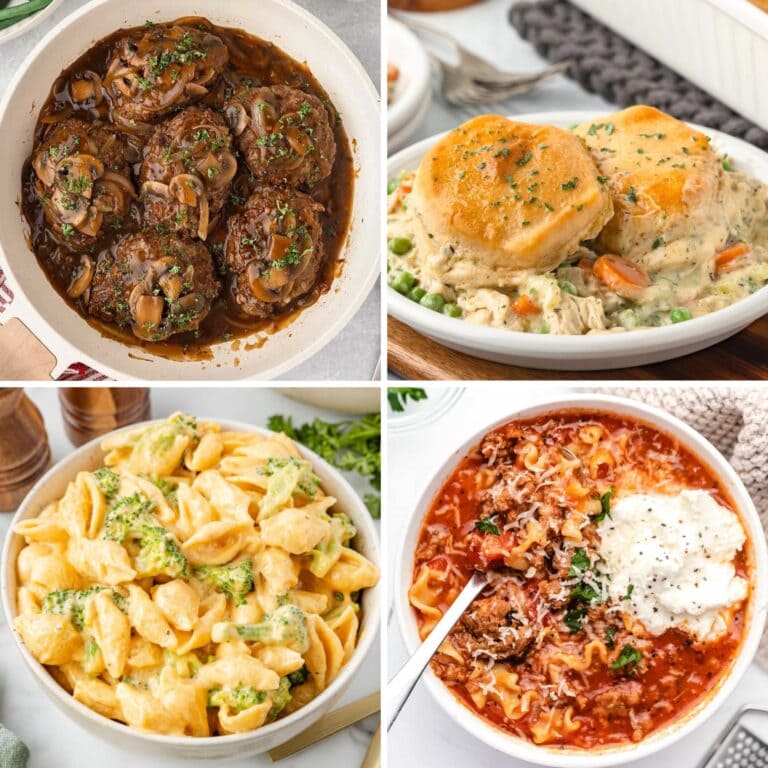 Collage of cozy comfort food dinners.