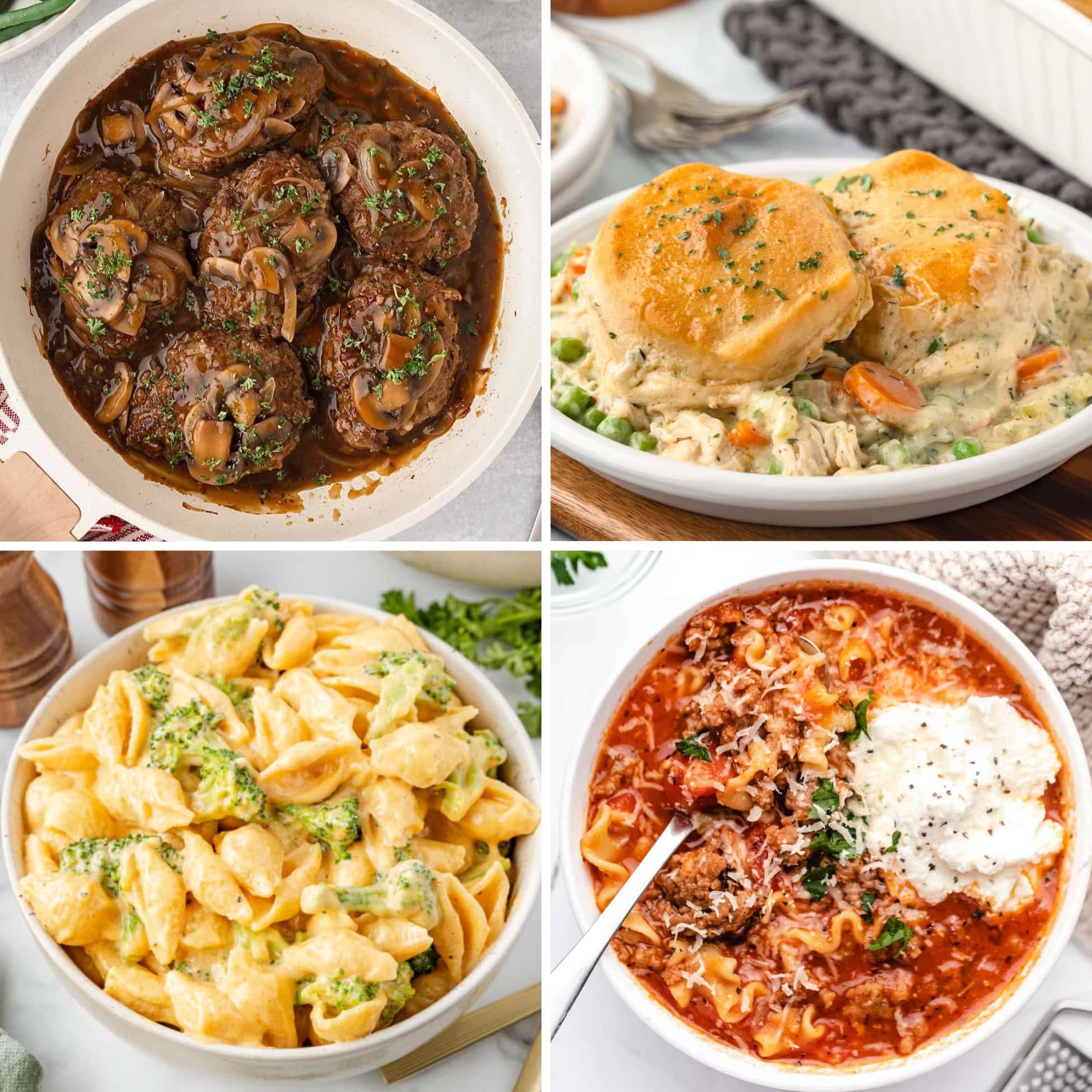Collage of cozy comfort food dinners.
