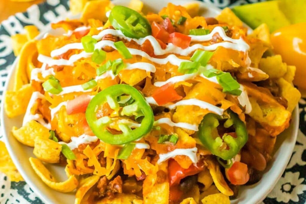 Crock pot frito pie on a plate.