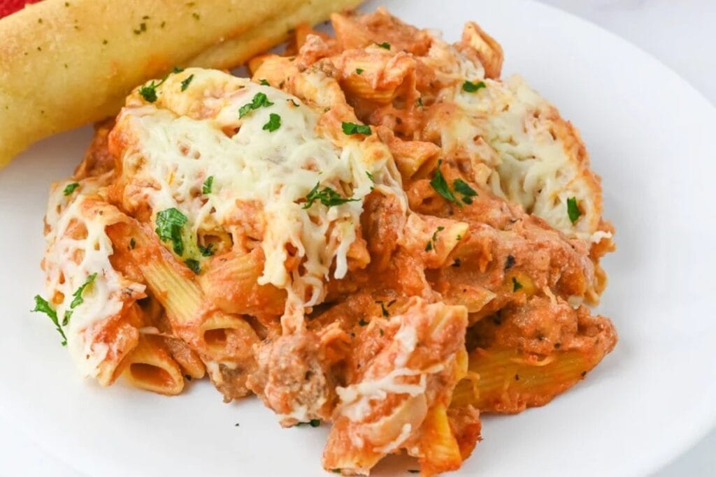Crockpot baked ziti served on a plate.