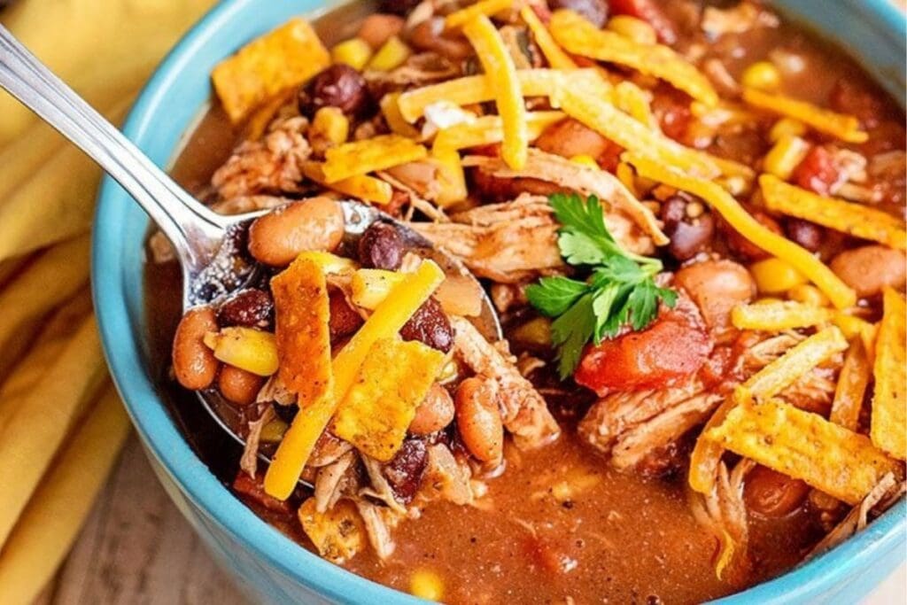 Crockpot chicken taco soup in a bowl.