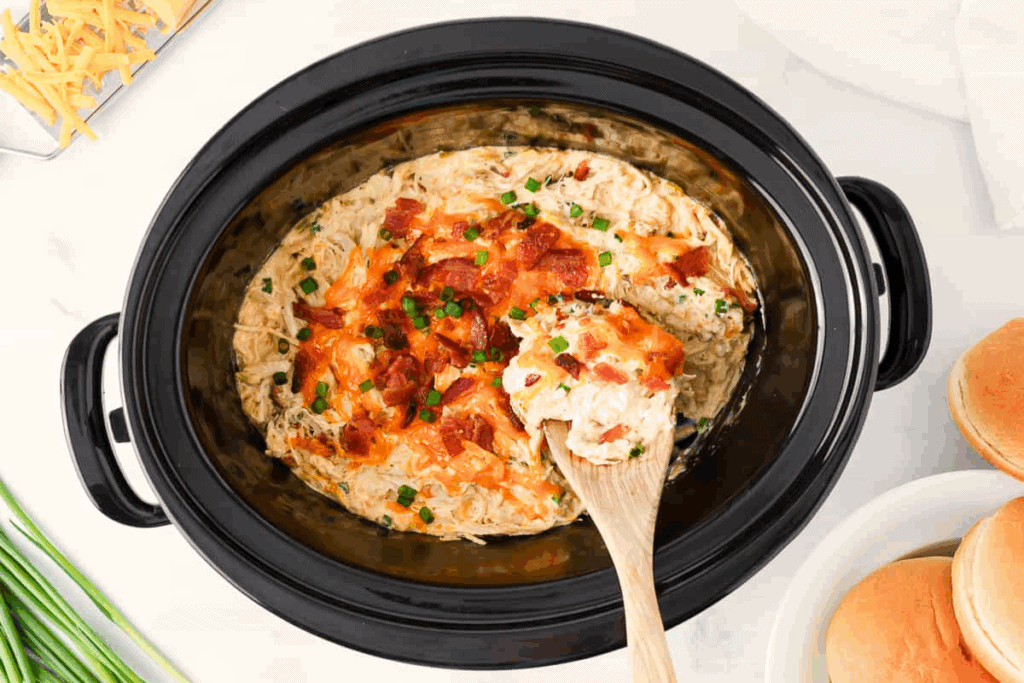 Creamy chicken in a crockpot.