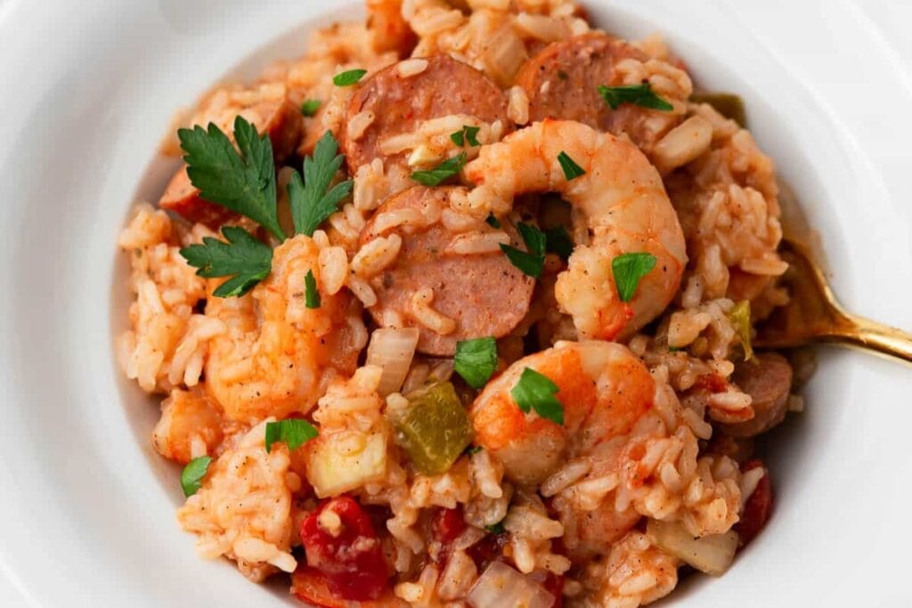 Crockpot jambalaya served in a bowl.