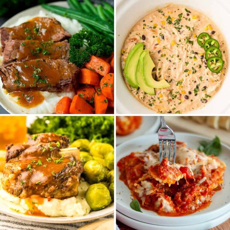 Collage of crockpot meals for cozy nights.