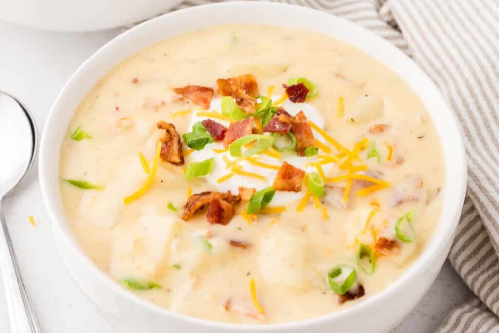 Creamy crockpot potato soup in a bowl.