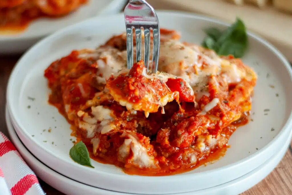 Crockpot ravioli lasagna on a plate.