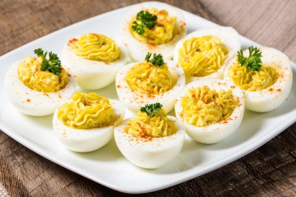 Deviled eggs on a plate.