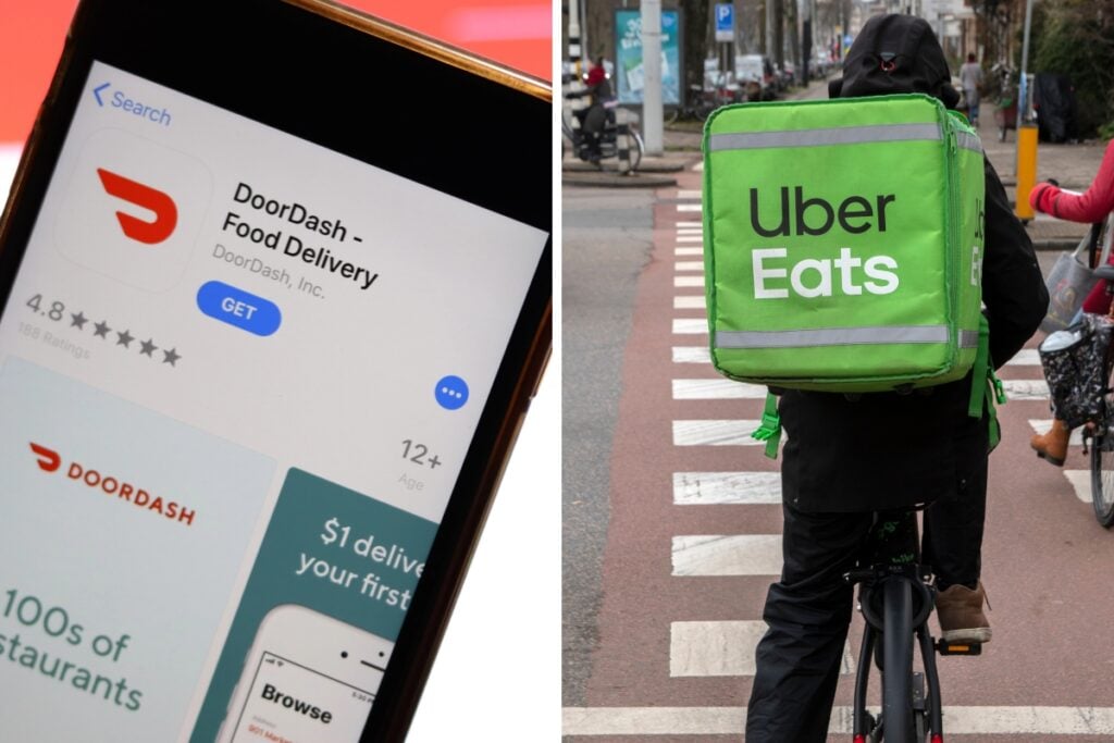 Doordash app on phone and uber eats delivery bag on bike.