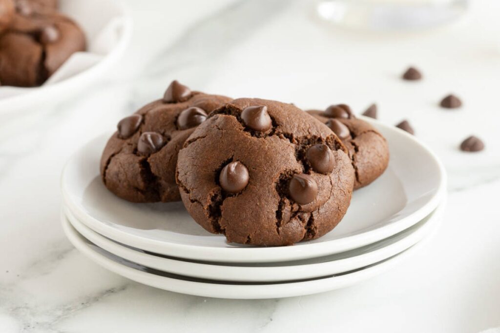 Double chocolate cookies on a plate.