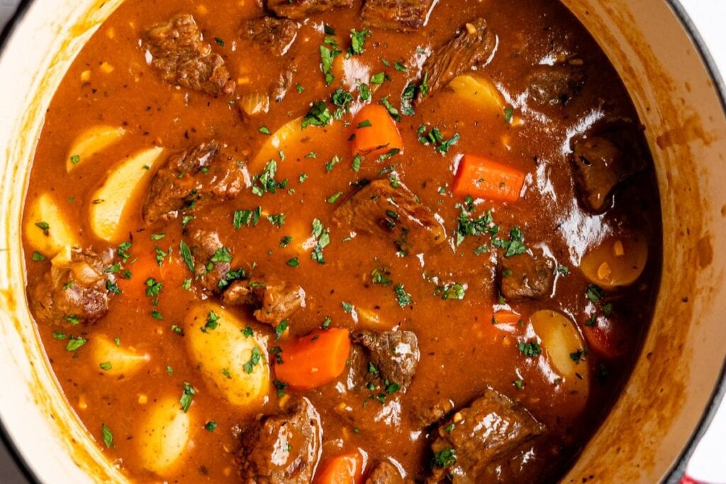 Beef stew in Dutch oven.