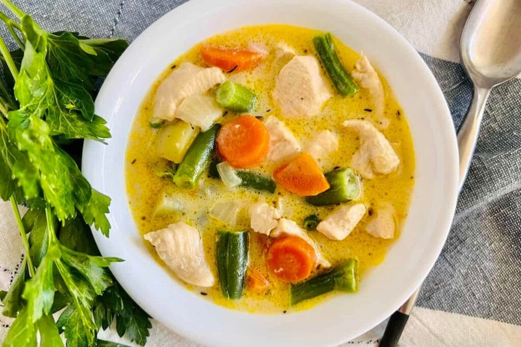 Dutch oven chicken stew in a bowl.