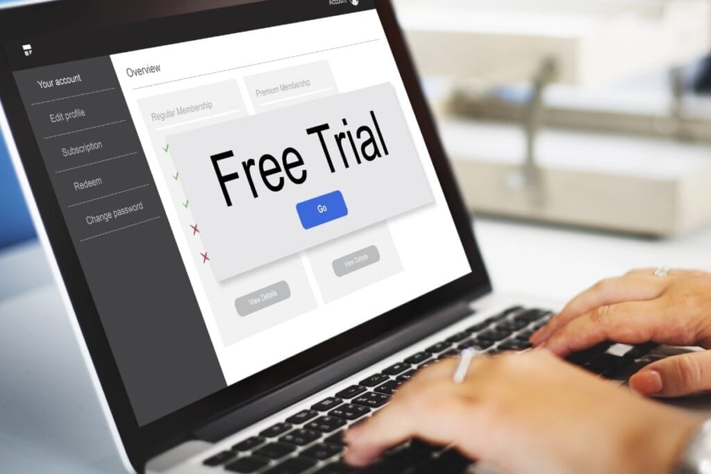 Laptop screen displaying a free trial.