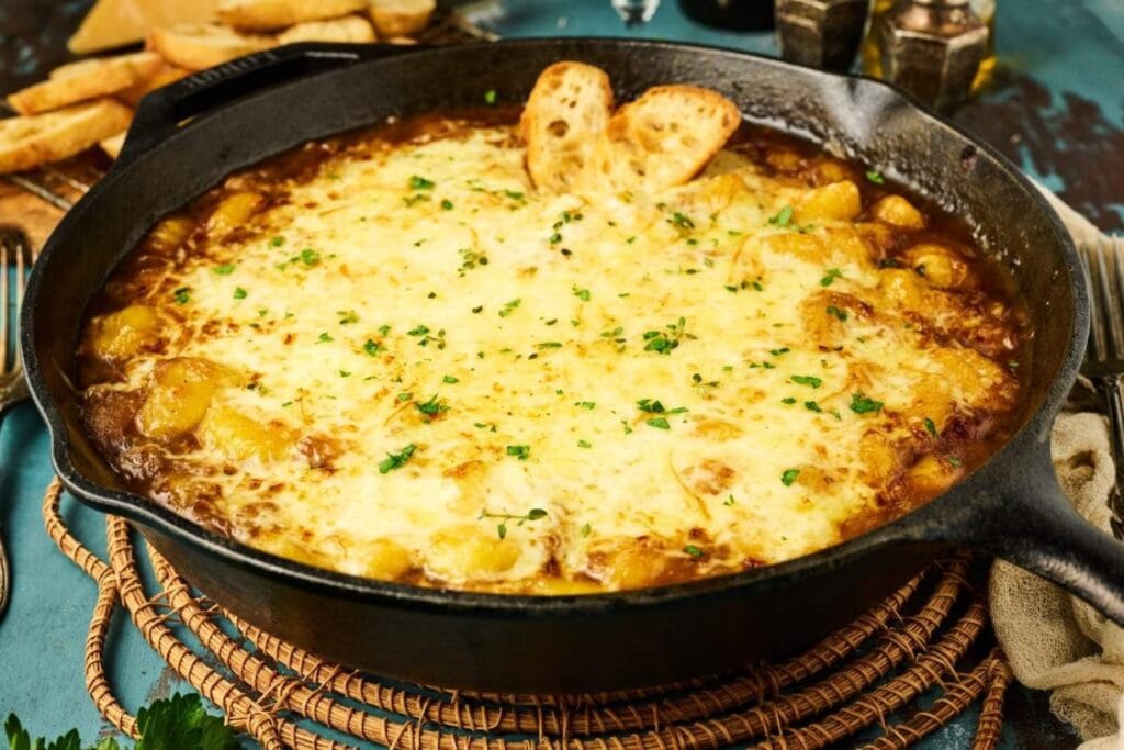 French onion gnocchi in a skillet.