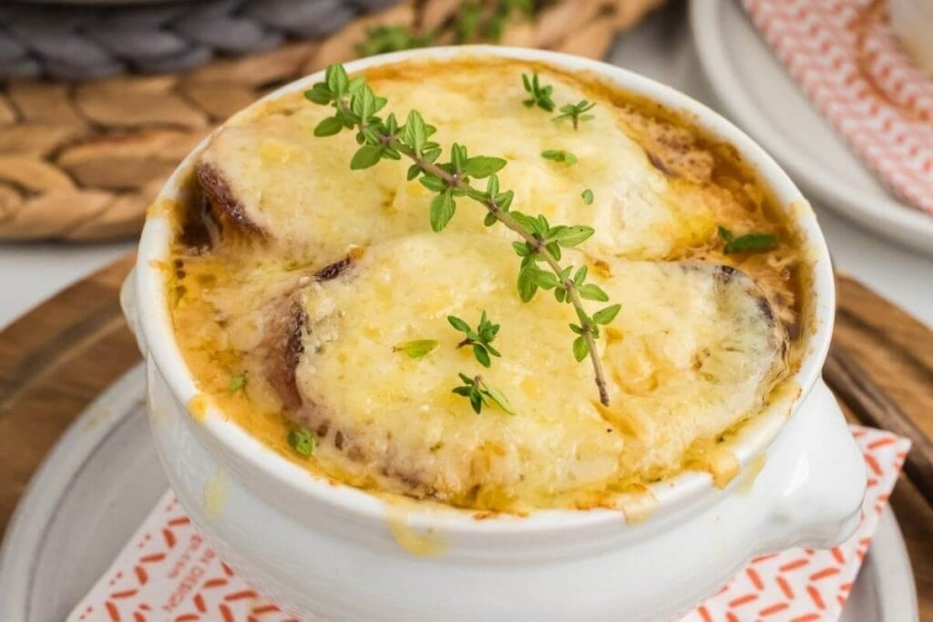 French onion soup with melted Gruyere over toasted baguette.