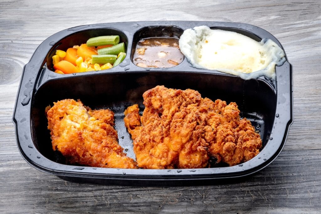 TV dinner in a plastic tray.