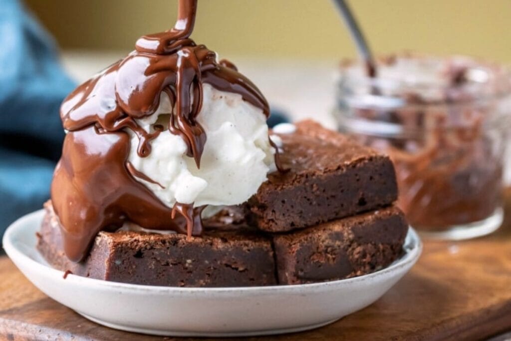 Fudgy brownies on a plate.