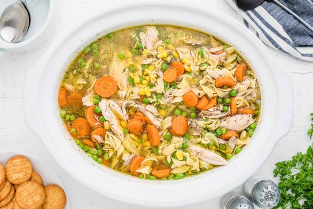 Grandma’s chicken noodle soup in a crockpot.