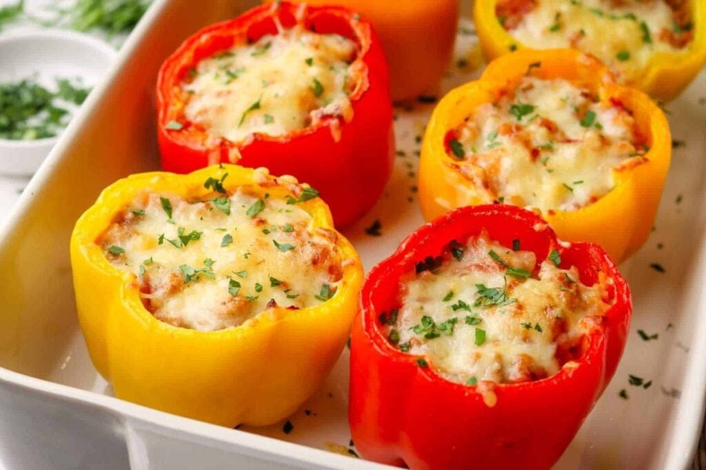 Ground turkey stuffed peppers in a baking dish.