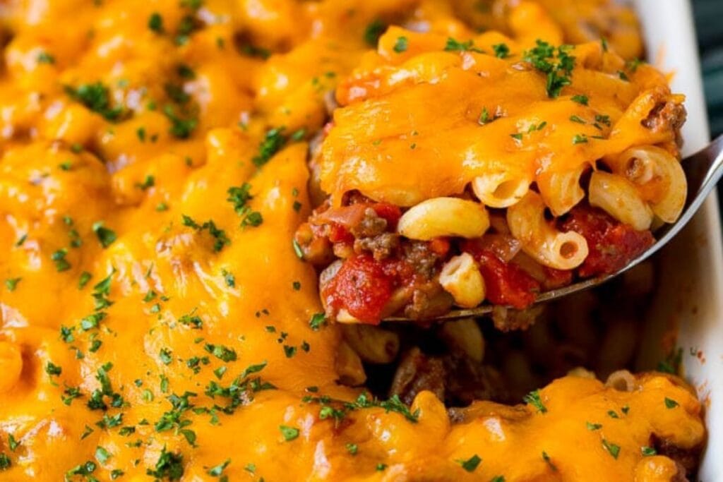 Hamburger casserole in a baking dish.