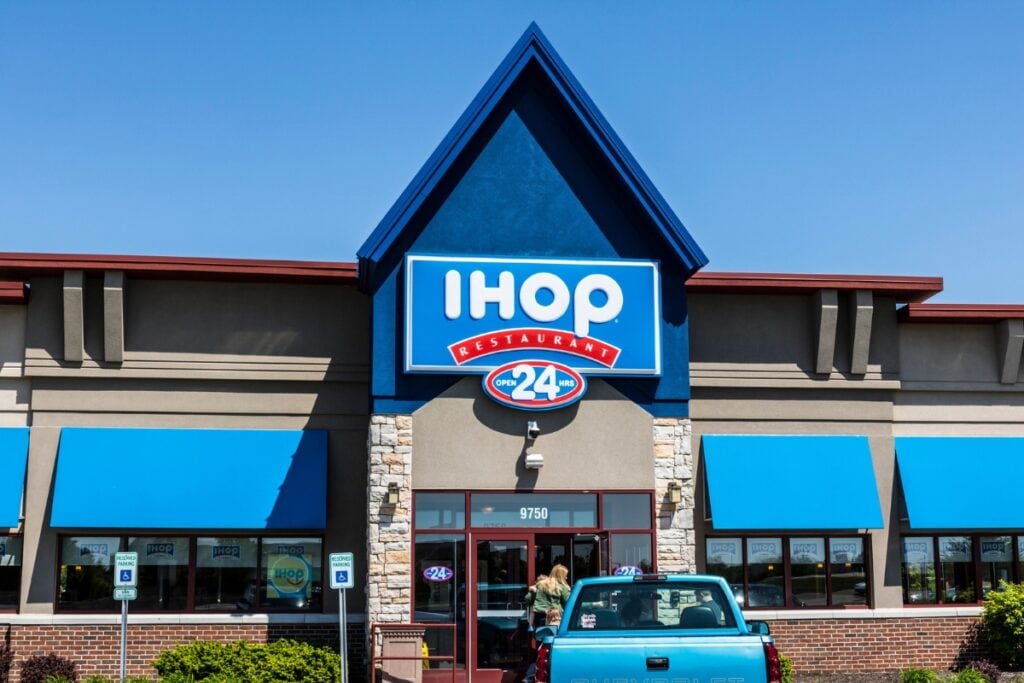 IHOP front with blue-red logo and glass windows.