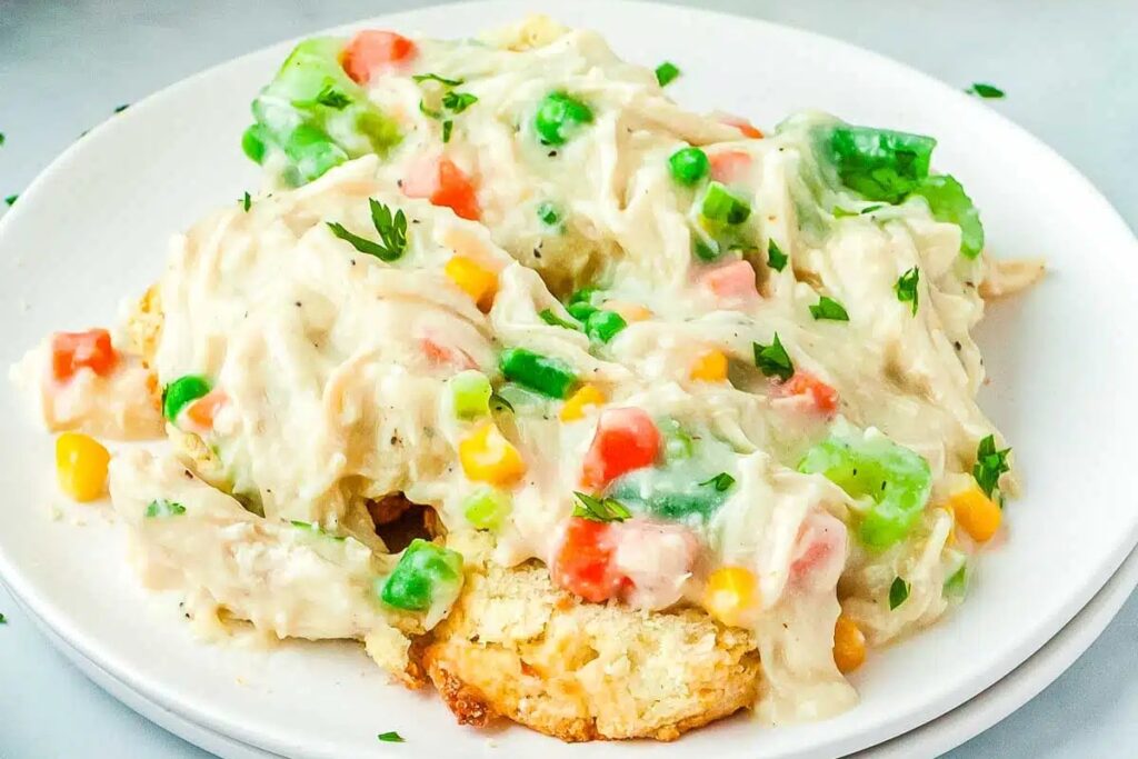 Inside out chicken pot pie on a plate.