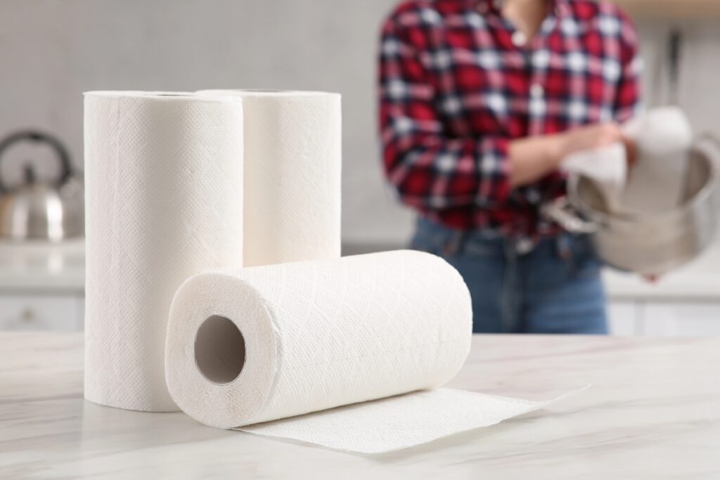 Kirkland paper towels placed on a kitchen counter.