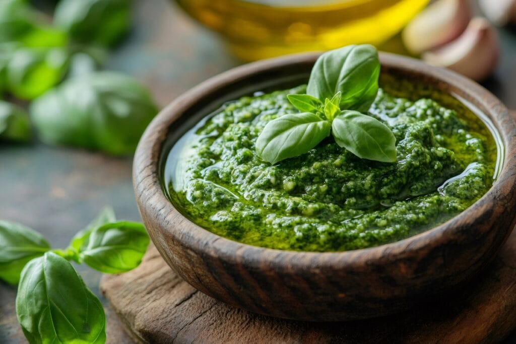 Kirkland pesto in a wooden bowl.