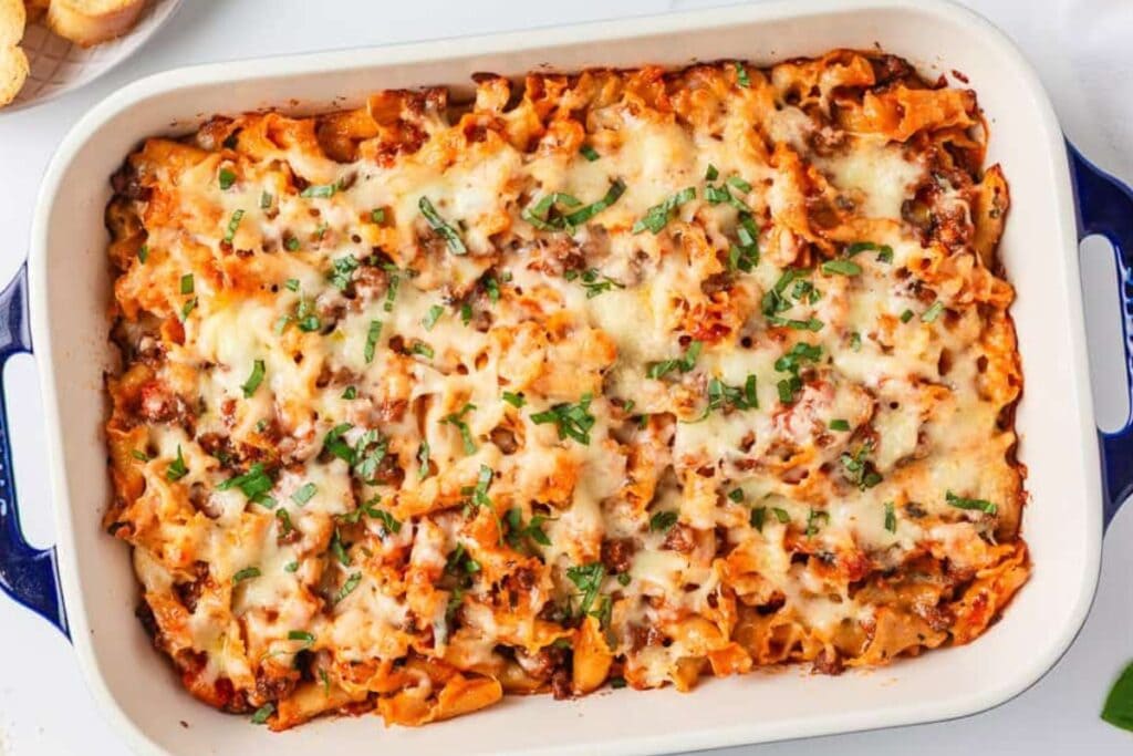 Lasagna casserole served in a baking dish.