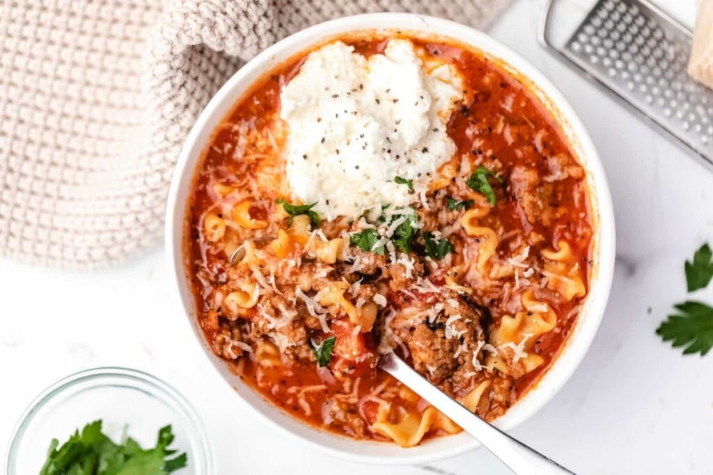 Lasagna soup in a bowl.