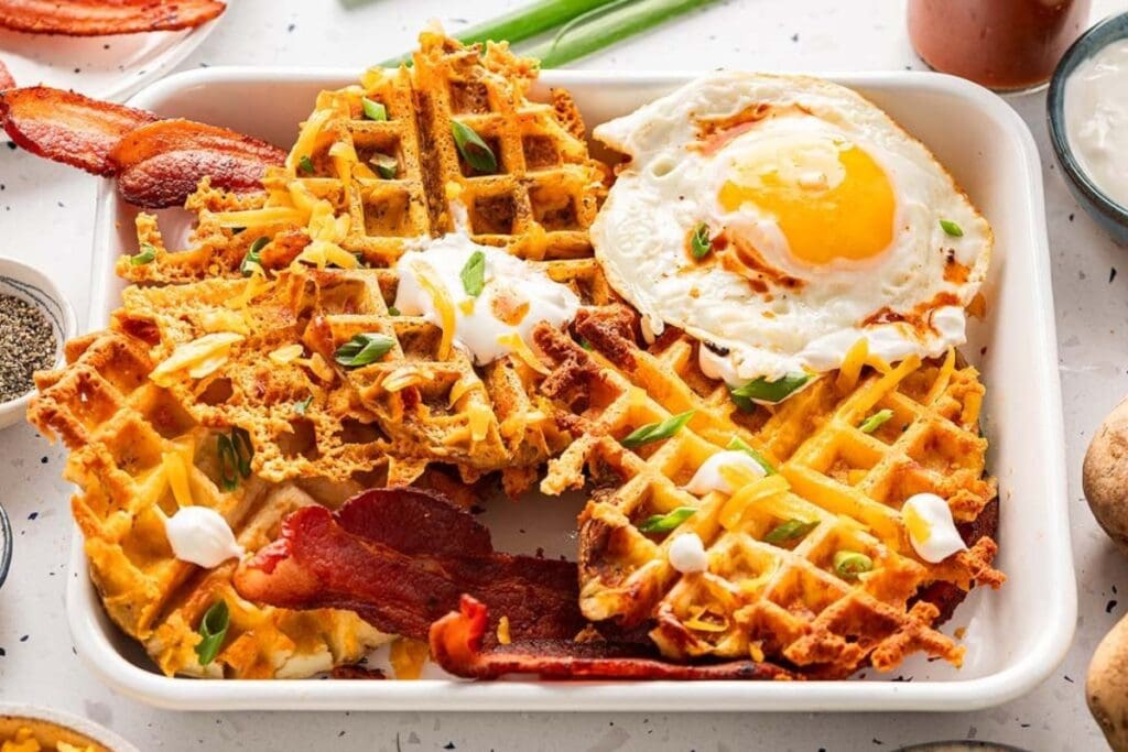 Cheesy potato waffles with toppings in a baking dish.