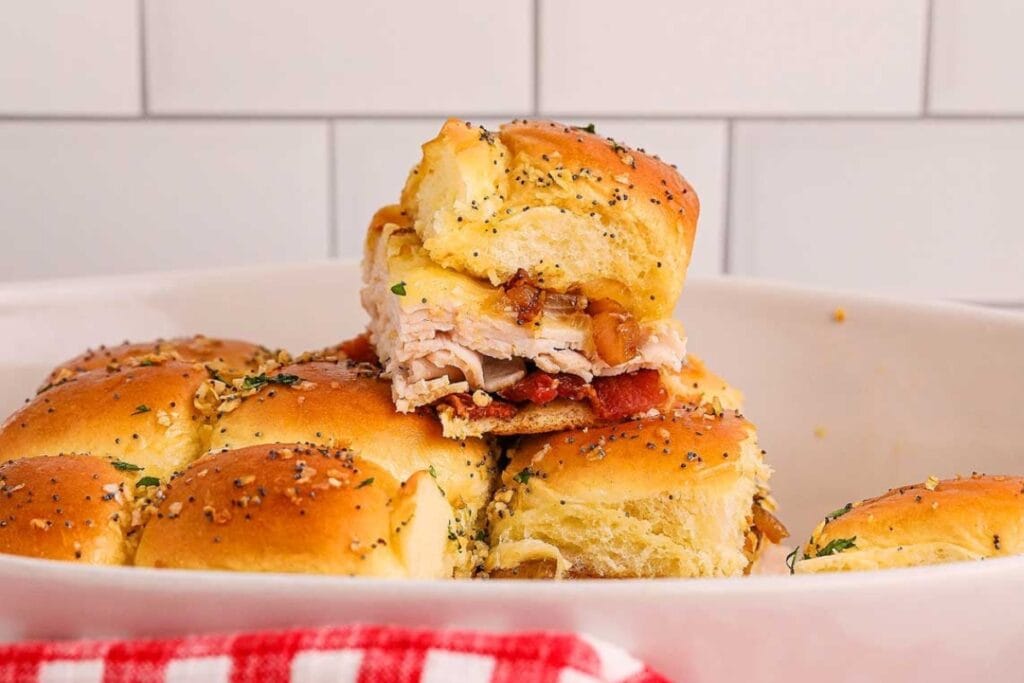 Maple bacon turkey sliders in a baking dish.