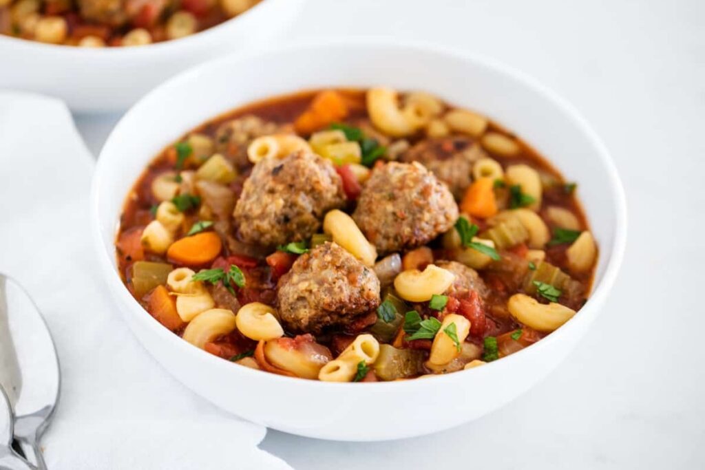 eatball soup in a white bowl.