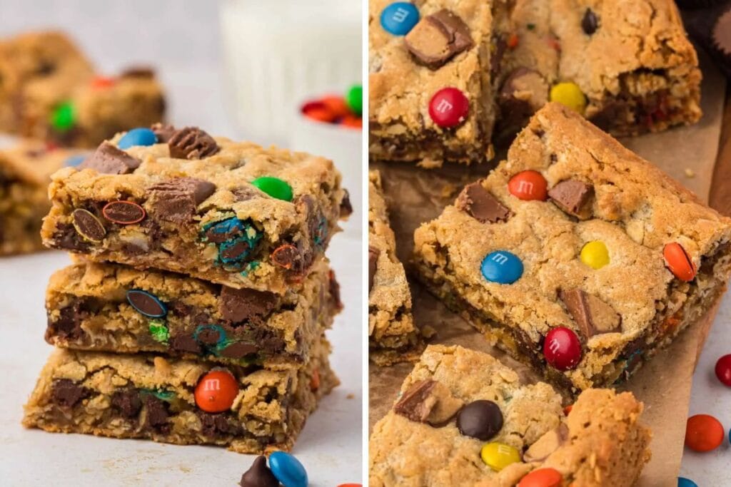 Monster cookie bars stacked up.