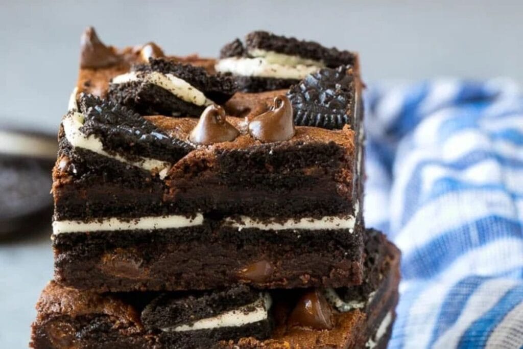 Oreo brownies stacked on each other.