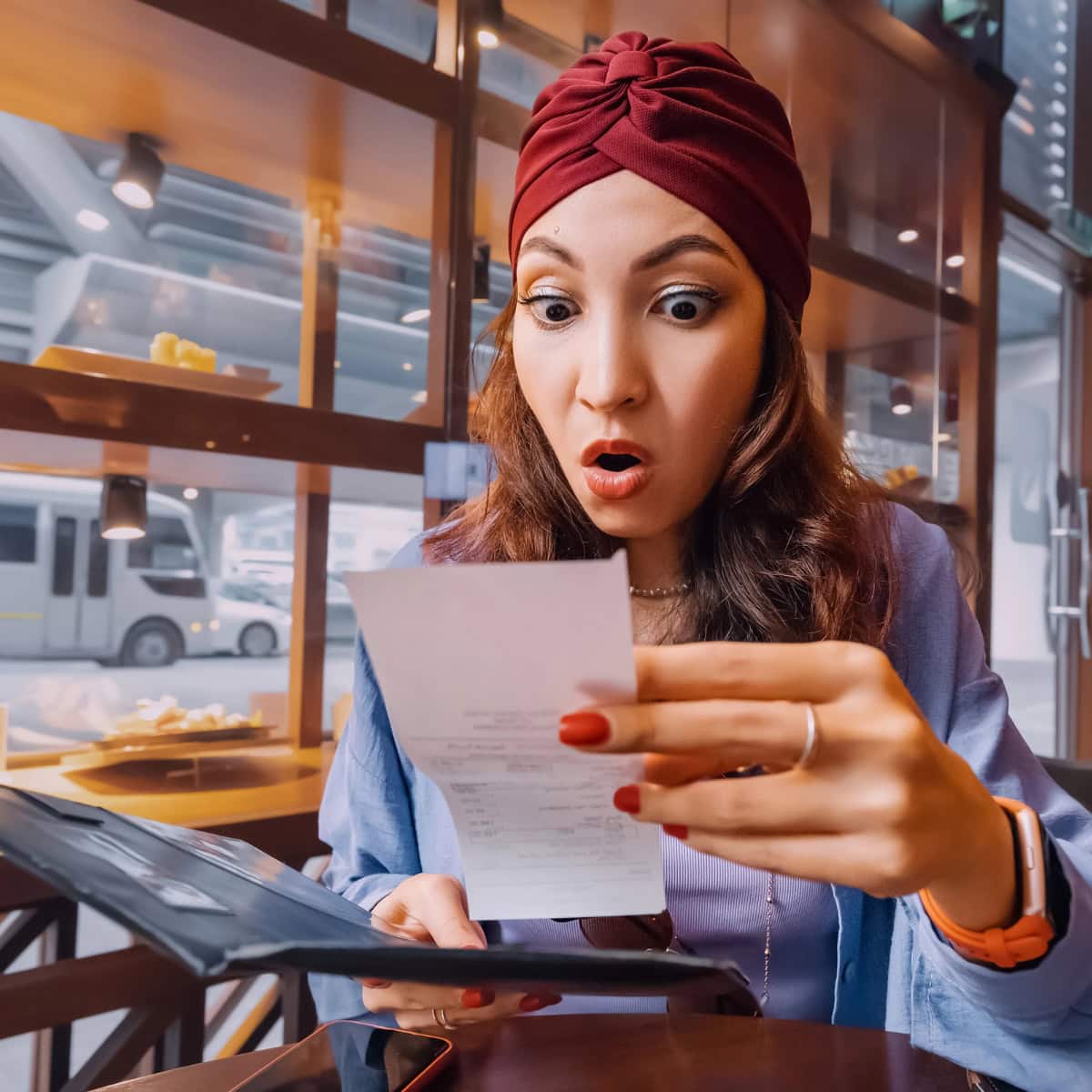 Girl looking shocked while staring at a restaurant bill in front of her.