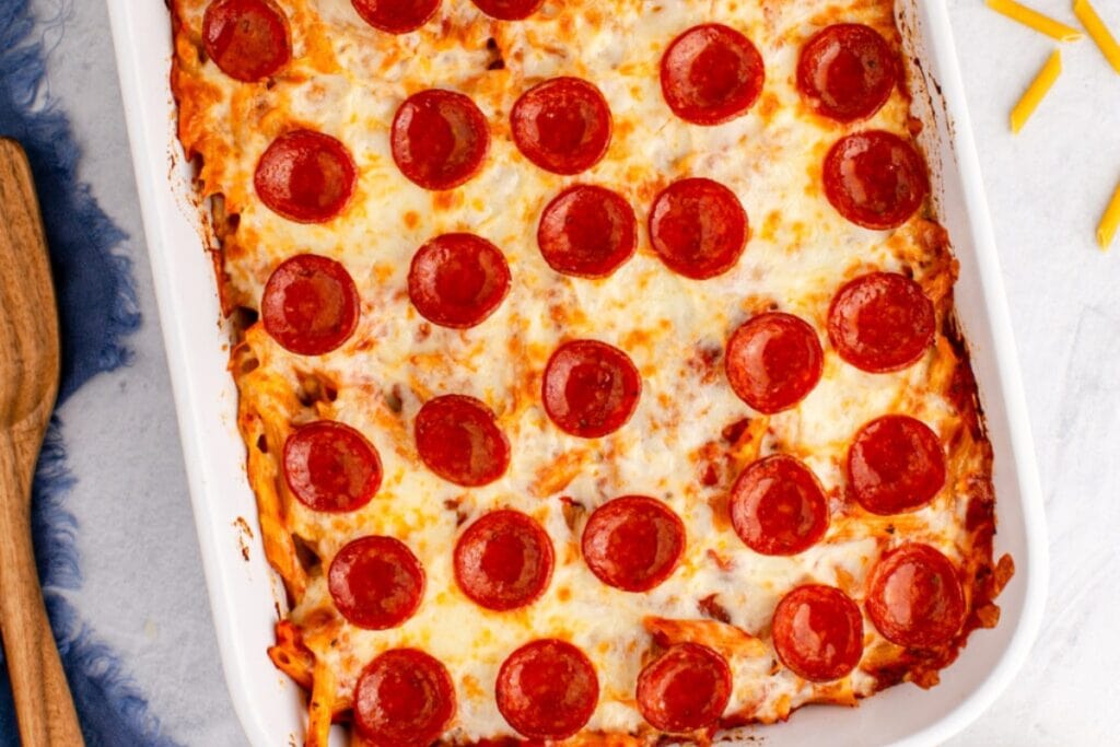 Pepperoni pizza casserole in a baking dish.