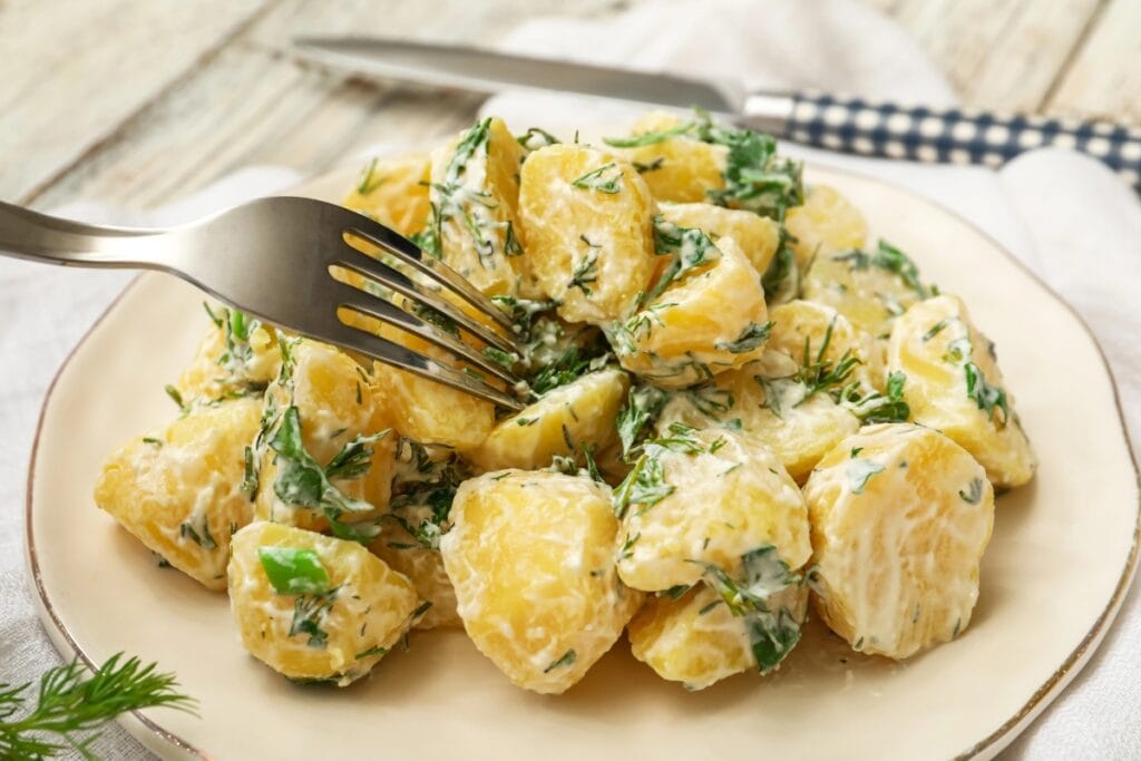 Potato salad on a plate.